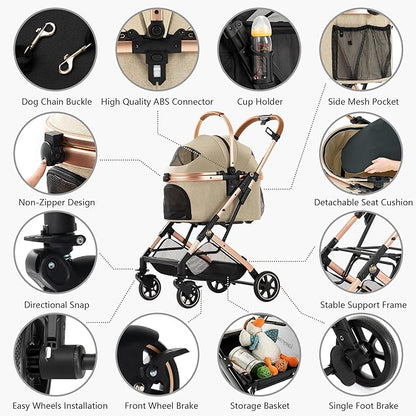 Kenyone 3-in-1 Pet Stroller for Small Medium Dogs Puppy Cat Stroller with Detachable Carrier &amp; Pad Lightweight Foldable Aluminum Alloy Frame Dual No-Zip Entry(Khaki)