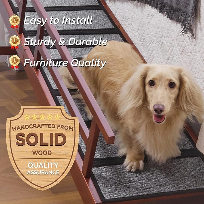Dog Ramp for Bed or Couch, Wooden Pet Ramp with 20° Gentle Slope, Removable Side Rails, Non-Slip Surface, Top Platform &amp; Wheels, Safe Bed Ramp for Small, Medium &amp; Senior Dogs, 74" Long, Mahogany