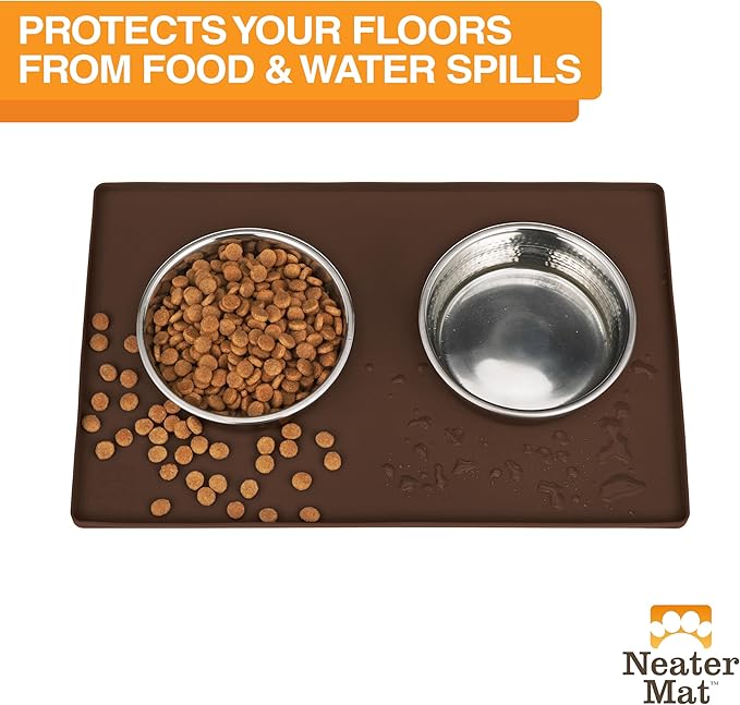 Neater Pet Brands Neater Mat Pet Mats for Food and Water, Cat &amp; Dog Bowl Mat Waterproof Silicone, Feeding Tray, Dog Food Mats for Floors, Placemat w/Raised Edge for Under Bowls, 16” x 10”, Brown