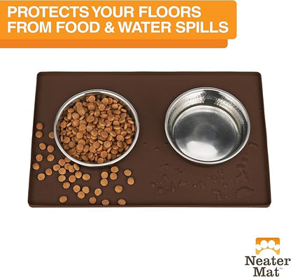 Neater Pet Brands Neater Mat Pet Mats for Food and Water, Cat &amp; Dog Bowl Mat Waterproof Silicone, Feeding Tray, Dog Food Mats for Floors, Placemat w/Raised Edge for Under Bowls, 16” x 10”, Brown