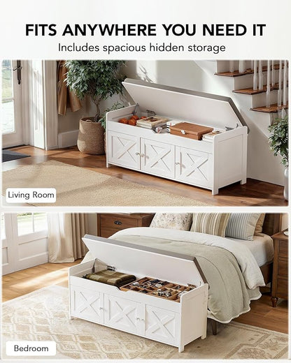 Amada Shoe Storage Bench, Entryway Bench with Cushioned Seat &amp; Lift Top Storage, 3 Doors, Adjustable Shelf, 300 lbs Capacity, Bench with Shoe Rack for Entryway, Bedroom, Living Room, White
