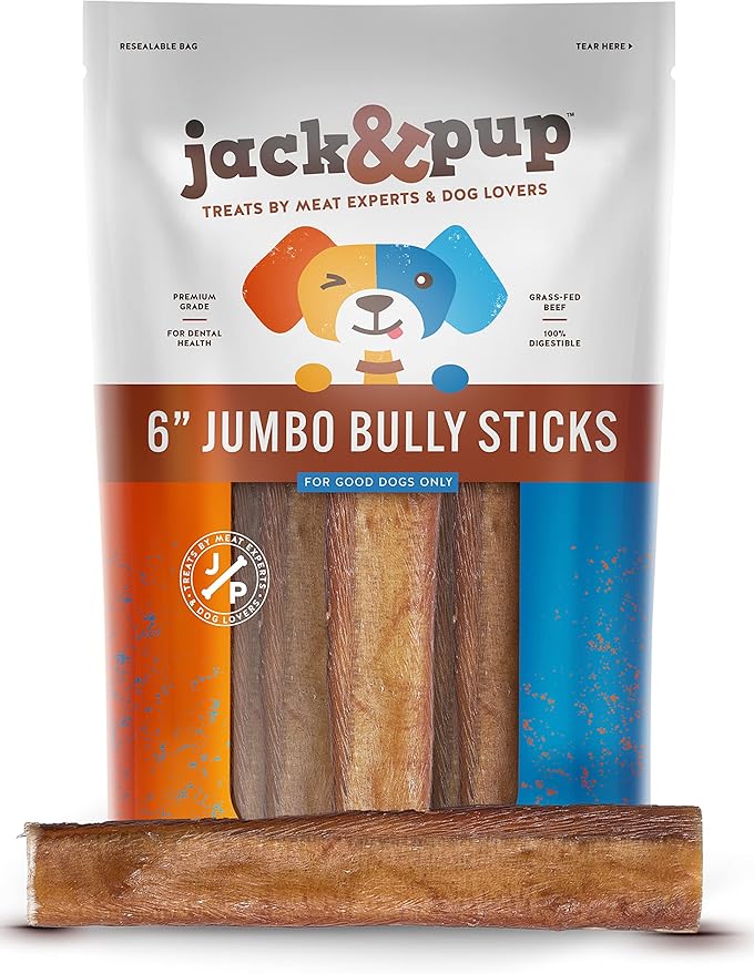 Jack&amp;Pup 6-inch Pizzle Sticks for Dogs (12 Pack) All Natural Jumbo Bully Sticks | Long Lasting Bully Sticks for Medium Dogs