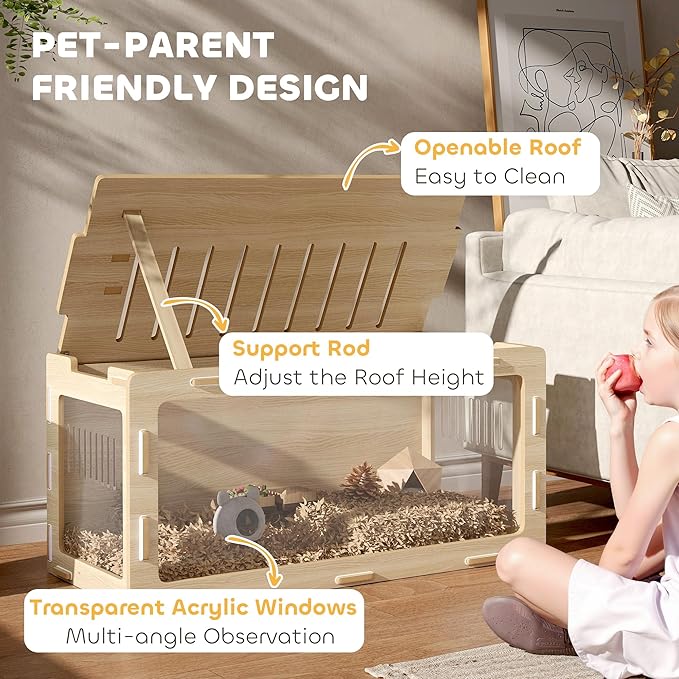 PawHut Hamster Cage with Easy View Acrylic Panels, Small Animal Cage with Air Vents &amp; Openable Roof, Large Habitat for Dwarf, Gerbil, Guinea Pig, Rat, 39" x 20" x 18.5", Oak