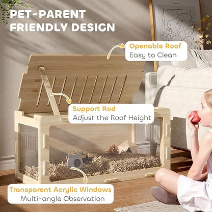 PawHut Hamster Cage with Easy View Acrylic Panels, Small Animal Cage with Air Vents &amp; Openable Roof, Large Habitat for Dwarf, Gerbil, Guinea Pig, Rat, 39" x 20" x 18.5", Oak