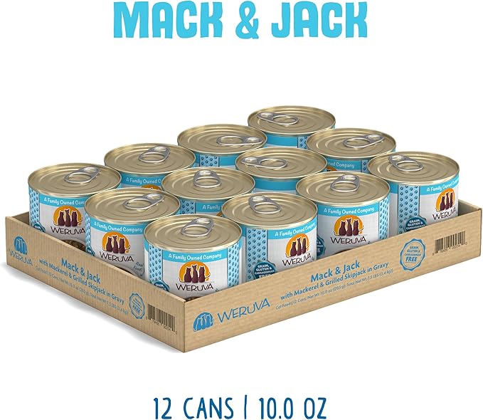Weruva Classic Cat Food, Mack &amp; Jack with Mackerel &amp; Grilled Skipjack in Gravy, 10oz Can (Pack of 12)