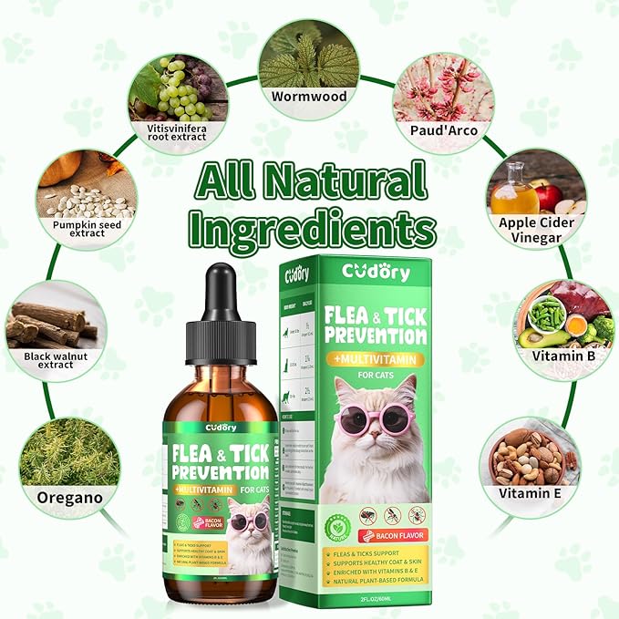 Flea &amp; Tick Support for Cats – Natural Herbal Drops with Multivitamin – Fleas and Ticks Comfort Formula for Cat All Breeds &amp; Ages – Bacon Flavor