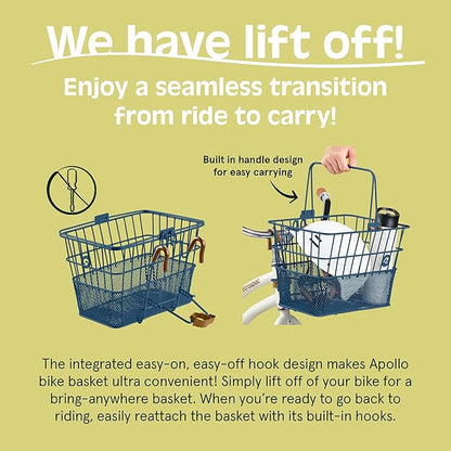 Retrospec Apollo Detachable Front Bike Basket Steel Half-Mesh with Integrated Detachable Hooks and Built-In Handle, Easy Assembly and Portability for Bicycles
