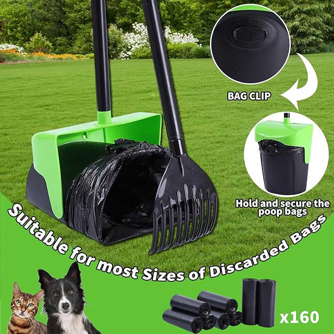 Pooper Scooper Large Swivel Bin &amp; Rake with 160 Waste Bags,Heavy Duty Dog Pooper Scooper with Bag Attachment for Large Small Dogs, Long Handle Poop Scooper with Lid for Yard, Grass, Gravel (Green)