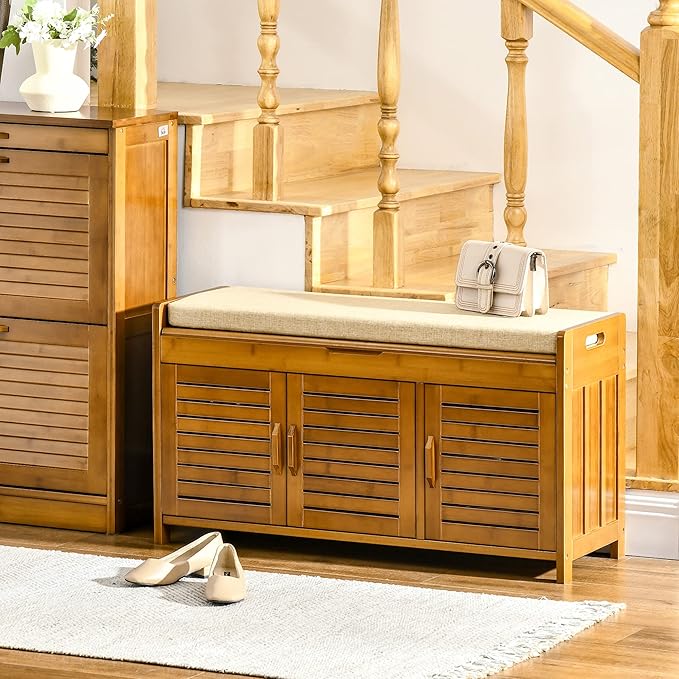 Shoe Bench with Storage Cabinets, Bamboo Entryway Bench with Seating Cushion, 3 Doors and Hidden Compartment for Hallway, Brown