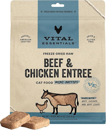 Vital Essentials Freeze Dried Raw Cat Food, Beef &amp; Chicken Mini Patties Entree, 8 oz