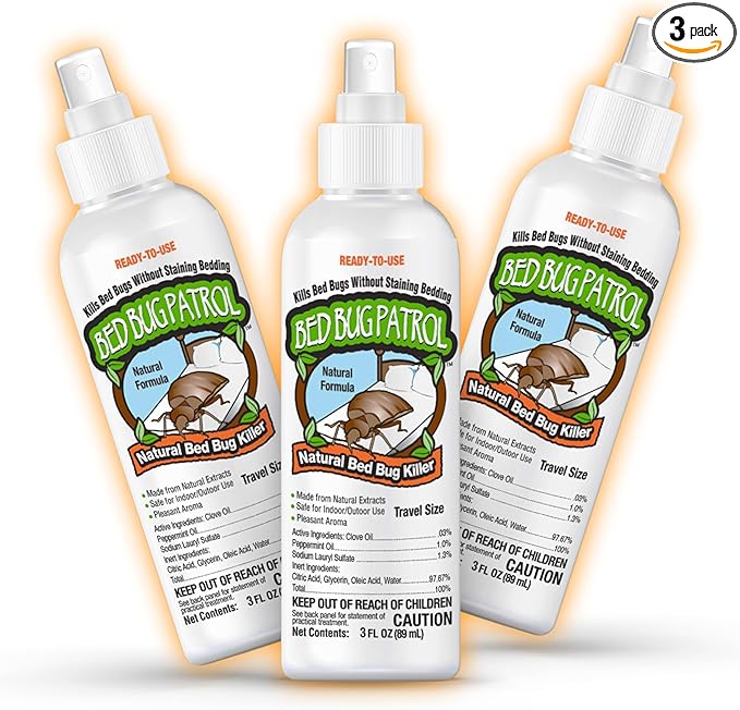 Natural Bed Bug Killer – 3 Pack (3oz Each) Travel Spray – Non-Toxic, TSA Safe, Child &amp; Pet Friendly Formula for Airbnb, Luggage, Hotels, Rideshare, and Work Trips