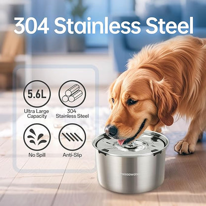 5.6L/190oz Large Dog Water Bowl No Spill, No Drip Dog Water Dispenser with Floating Disk, Stainless Steel Slow Drinking Bowl for Small Medium &amp; Large Dogs
