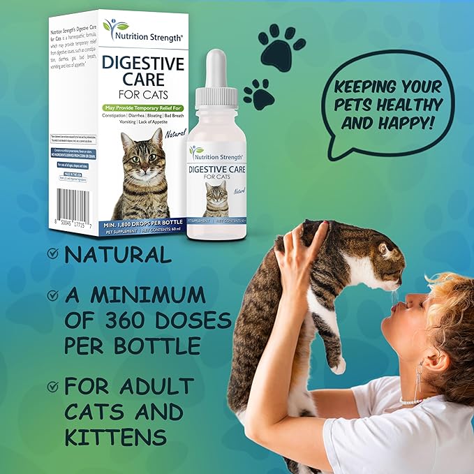 Digestive Care for Cats, Natural Constipation Relief for Cats and Kittens &amp; Support for Diarrhea, Bloating, Bad Breath, Vomiting, Lack of Appetite, 60 Milliliters