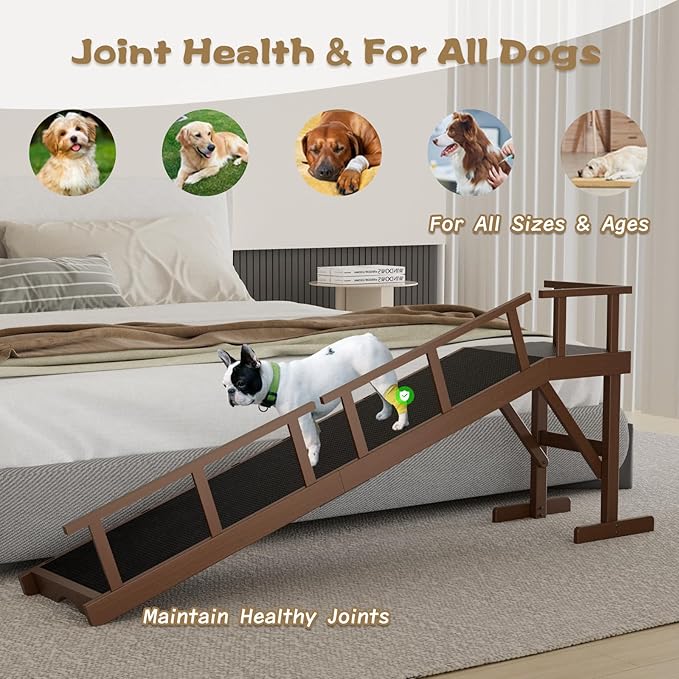 73" Dog Ramp for Bed, Pet Ramp with Removable Side Rail and Non-Slip Surface, Pet Ramp for Small &amp; Large &amp; Senior Dogs with Rest Platform and DIY Glow Strips,Dog Stairs for Couch, Brown