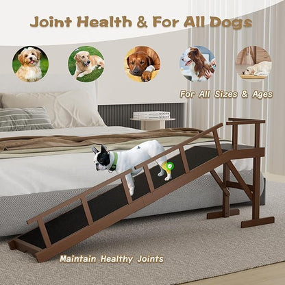 73" Dog Ramp for Bed, Pet Ramp with Removable Side Rail and Non-Slip Surface, Pet Ramp for Small &amp; Large &amp; Senior Dogs with Rest Platform and DIY Glow Strips,Dog Stairs for Couch, Brown