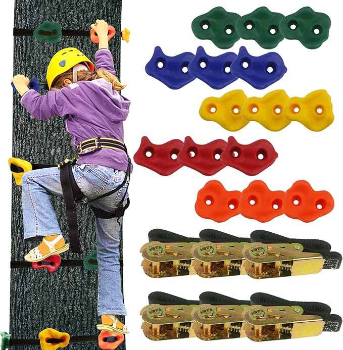 Ogrmar 15 Packs Ninja Tree Rock Climbing Holds Kits with 6 Ratchet Straps for Kids &amp; Adults Outdoor Backyard Ninja Tree Obstacle Course Training