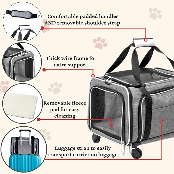 Airline Approved Expandable Premium Pet Carrier on Wheels- Two Sided Expandable Rolling Carrier- Designed for Dogs &amp; Cats- Extra Spacious Soft Lined Carrier! (Grey)