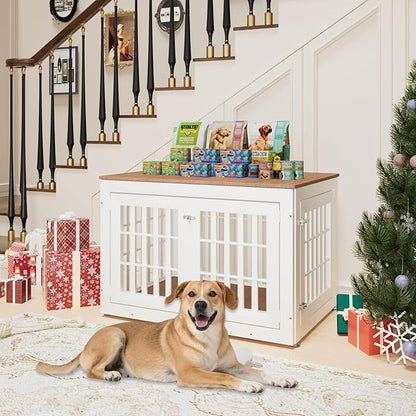 42" Heavy Duty Dog Crate Furniture for Small,Medium and Large Dogs,Rustic Wooden Dog Cage Kennel Indoor Furniture with Waterproof Top,Decorative Pet House Side End Table (White &amp; Wood)
