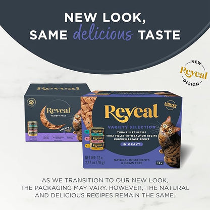 Reveal Natural Wet Cat Food, 12 Count, Grain Free, Limited Ingredient Canned Food for Cats, Fish and Chicken Variety in Gravy, 2.47 oz Cans