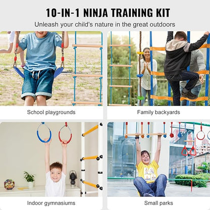 VEVOR Ninja Warrior Obstacle Course for Kids, 2 x 60 ft Weatherproof Slacklines, 500lbs Weight Capacity Monkey Line, Outdoor Playset Equipment, Backyard Toys Training Equipment Set with 14 Obstacles
