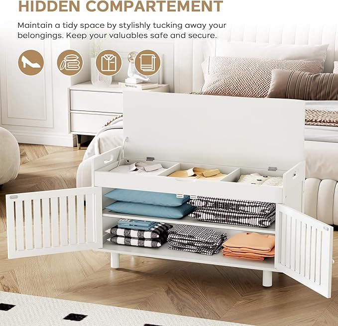 Storage Bench, Bamboo Shoe Bench with Padded Seat Cushion &amp; 2 Doors, 2-Tier Entryway Bench with Lift Top Hidden Storage, 35.4" W x 12.6" D x 19.7" H, Shoe Rack Cabinet for Entryway, Living Room, White