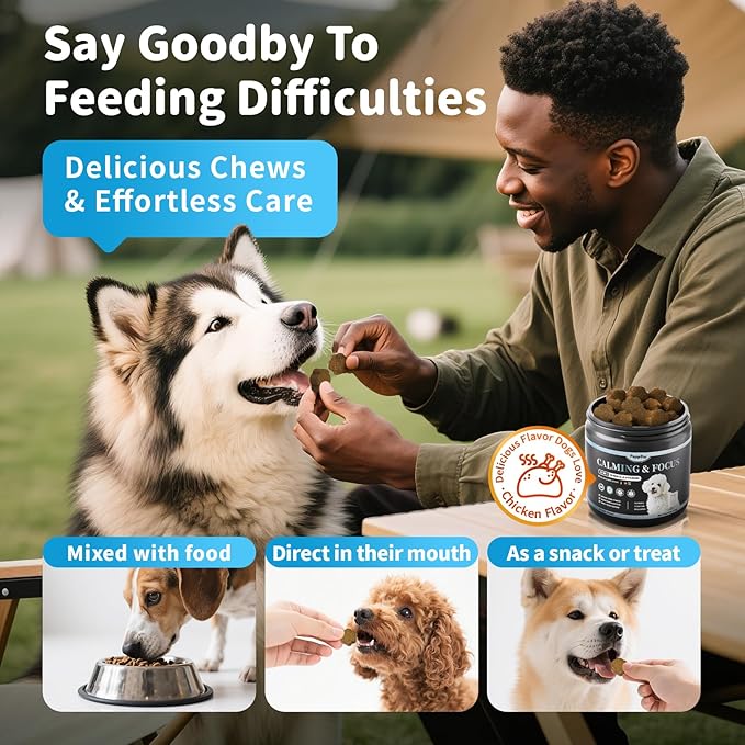Calming Chews for Dogs – Calming Treats for Anxiety, Stress, Separation, Travel&amp;Thunder, Relaxation &amp; Focus Support with L-Theanine, Valerian Root, Chamomile &amp; Ashwagandha, Chicken Flavor, 90Ct