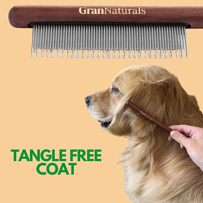 GranNaturals Wooden &amp; Metal Pet Comb for Detangling Hair, Grooming Fur, Dematting for Large and Small Dogs, Long &amp; Short Haired Cats