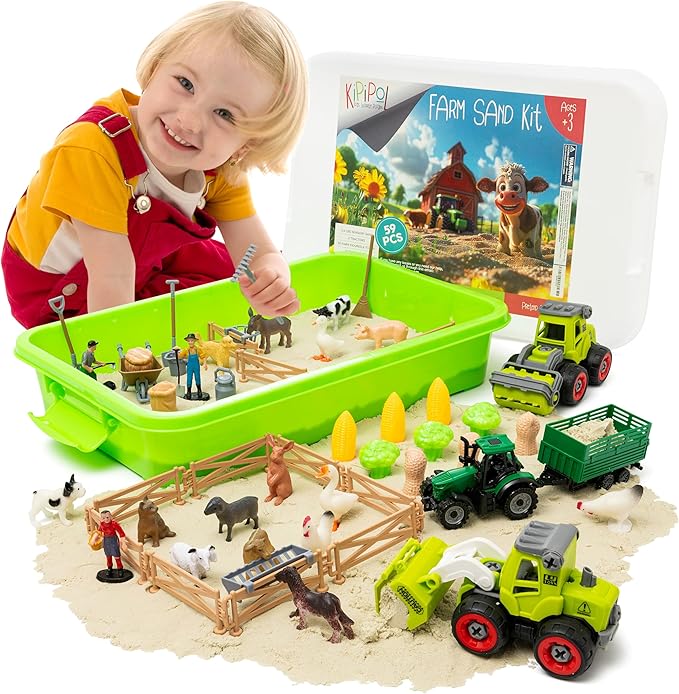 59 PCS Farm Sensory Bin Sandbox with Lid, 2.2 LB Sensory Sand, 40 Toddler Farm Toys, 3 Take Apart Construction Trucks -Sensory Toys for Kids 5-7, 3-4 &amp; Up- Kids Gifts for Boys and Girls