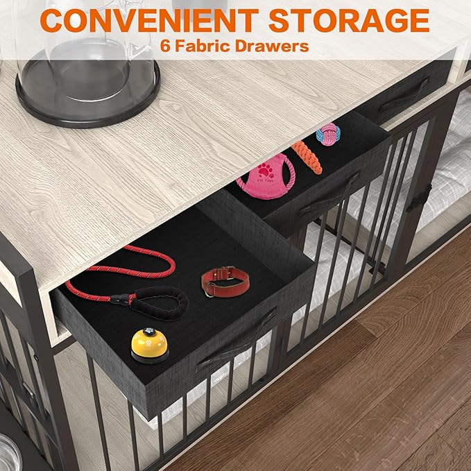 86.6inch Dog Crate Furniture with Storage,Furniture Style TV Stand Dog Kennel for 2 Dogs,with 6 Drawers,Removable Divider&amp;Adjustable Bowls,Heavy Duty Metal Chew-Resistant Dog Crate Furniture