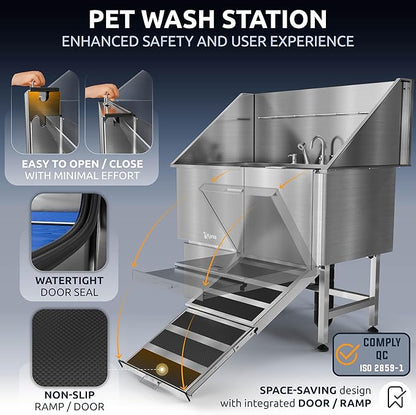KANIS Professional Dog Washing Station - 304 Stainless Steel Pet Wash Sink &amp; Grooming Bath Tub for Home with Ramp, Shower, Floor Grate, Storage Drawer, Faucet, Drain Kit for Large, Medium &amp; Small Pets