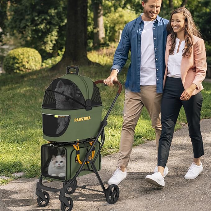 PAWZIDEA Double Pet Stroller with 2 Detachable Carriers, Portable Dog Crate for Car Travel &amp; TSA-Approved Expandable Cat Carrier, Foldable Lightweight Jogger Stroller for 2–4 Cats or Small/Medium Dogs