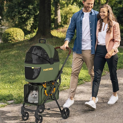 PAWZIDEA Double Pet Stroller with 2 Detachable Carriers, Portable Dog Crate for Car Travel &amp; TSA-Approved Expandable Cat Carrier, Foldable Lightweight Jogger Stroller for 2–4 Cats or Small/Medium Dogs
