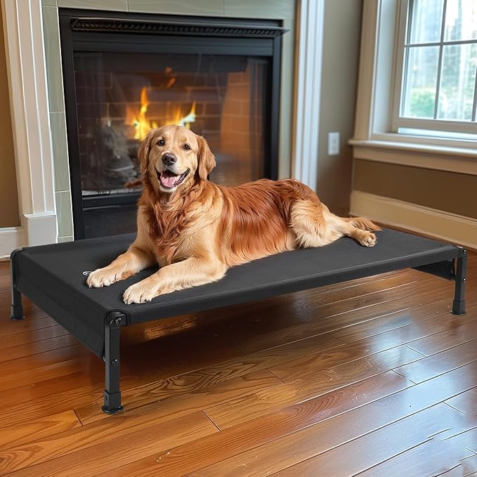 Veehoo Cooling Outdoor Dog Bed, Heavy Duty Elevated Pet Bed with Washable &amp; Breathable Teslin Mesh, Non-Slip Silicon Feet, Dog Cot Bed with Support Hem, 47" x 29", Black, CWC2433