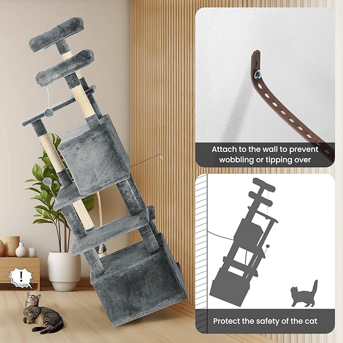 69in Large Cat Tree Tower for Indoor Cats with Soft Plush Hang Ball, Two Condos, Sisal Scratch Posts &amp; Rope Play for Kittens/Adult Cats, Grey