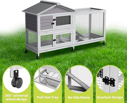Rabbit Hutch 2-Tier, Small Wooden Chicken Coop with Wheels for Outdoor Use - Weatherproof Small Animal Hutch with Non-Slip Ramp, 4 Access Doors &amp; Removable Tray for Rabbits, Guinea Pigs, Ferrets