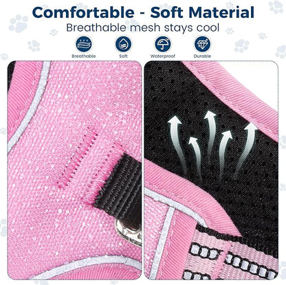Funfox Dog Harness No Pull, Adjustable Pet Vest Harness, Super Soft Material with Vertical Handle Easy Control, Reflective Night Walking, 2 Leash Clips for Medium Sized Dogs, Pink, M