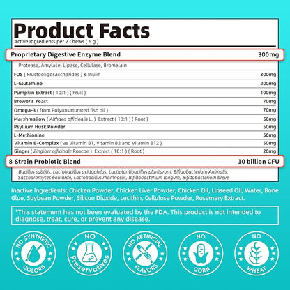 Probiotics for Dogs, Digestive Enzymes for Gut Health Support, Dog Fiber Supplement with Pumpkin for Diarrhea &amp; Bowel Support, Upset Stomach &amp; Gas Relief, Constipation - 60 Count Chicken Flavor