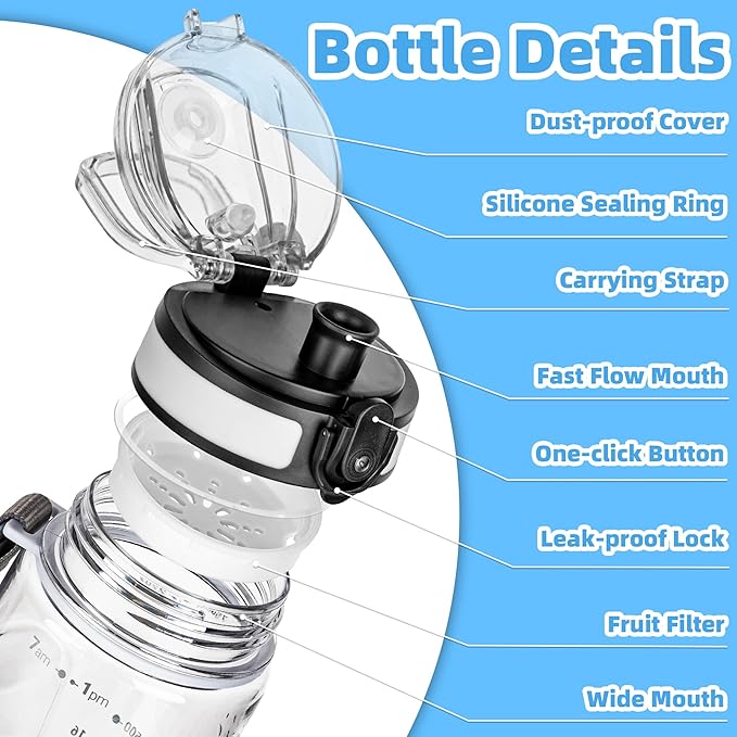 OLDLEY 25 oz Water Bottle, Motivational Water Bottle with Time Marker, Sports Water Bottle With Strap, Leakproof &amp; BPA Free Large Water Bottles for School, Gym, Travel, Outdoor, Tritan,Transparent