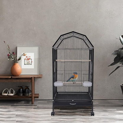 40-Inch Wrought Iron Bird Cage with Open-Top and Rolling Stand, Movable Parrot Cage Pet Bird Flight Cage, 360 Degree View Spacious Interactive Roof Pet Bird House for Medium&amp;Small Birds