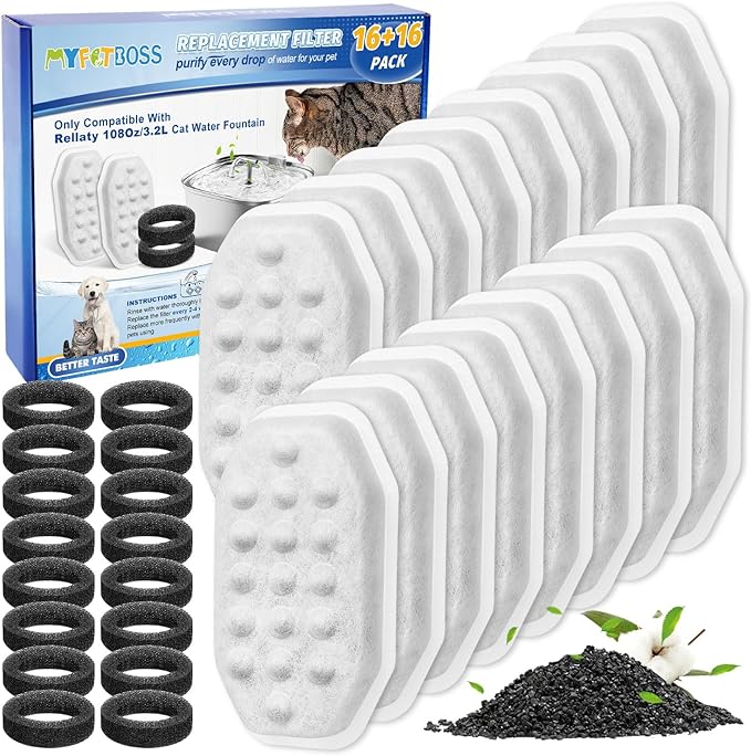 16+16 Pack Pet Water Fountain Filter Compatible with Rellaty &amp; Fit for Neareal 108oz/3.2L Automatic Dog Water Dispenser, Cat Filters for Fountain Cat Bowl