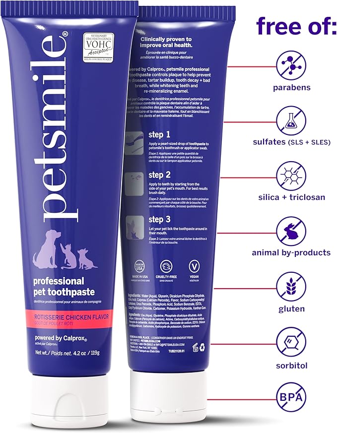 Petsmile Professional Pet Toothpaste for Cats &amp; Dogs - Only VOHC Accepted Toothpaste - Clinically Proven to Control Plaque &amp; Tartar Calprox Formula (Rotisserie Chicken, 4.2 Oz)