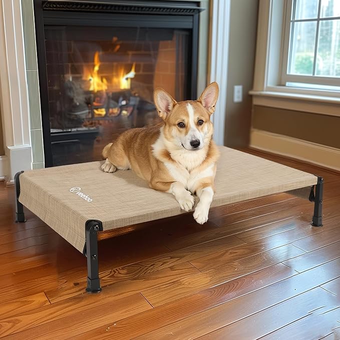 Veehoo Cooling Outdoor Dog Bed, Heavy Duty Elevated Pet Bed with Washable &amp; Breathable Teslin Mesh, Non-Slip Silicon Feet, Dog Cot Bed with Support Hem, 35" x 22", Beige Coffee, CWC2433