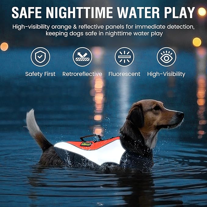 Heavy-Duty Reflective Dog Life Vest for Swimming - Adjustable Dog Flotation Vest with Rescue Handle, Pool &amp; Beach PFD Life Jacket for Large Dogs (XXXL, Orange)