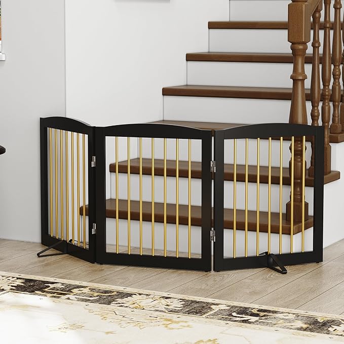 Freestanding Pet Gate for Dogs, Foldable Wooden Dog Gate for House, Indoor Dog Gate for Doorways, Stairs, Step Over Pet Puppy Safety Fence, Support Feet Included,24" Height 3 Panels,Black&amp;Gold