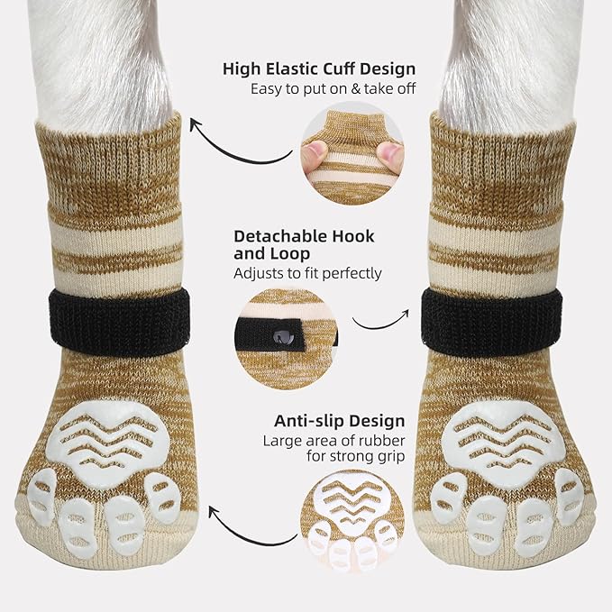 PUPTECK Non-Slip Dog Socks to Prevent Licking Paws, Double Sides Dog Boots &amp; Paw Protectors Booties Traction on Hardwood Floors Hot Pavement with Grippers, for Small Medium Large Senior Dogs, Khaki L