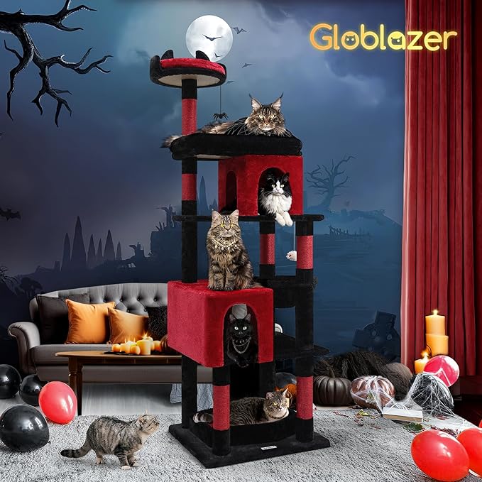 Globlazer Heavy Duty Gothic Cat Tree, 72in Large Cat Tower with Coffin Bed, Sturdy Maine Coon Cat Tree for Large Cats 20 lbs+, Medieval Castle Style with 6 Scratching Posts &amp; Hammock, S72, Black &amp; Red