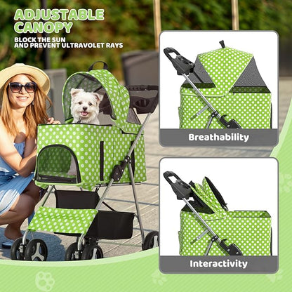 Magshion Foldable Pet Stroller, 3-in-1 Dog Travel Jogger with Detachable Carrier, Cup Holder, Storage Basket, Folding Carrier for Small/Medium Dogs &amp; Cats Up to 33 lbs, Lawn Green Polka Dots