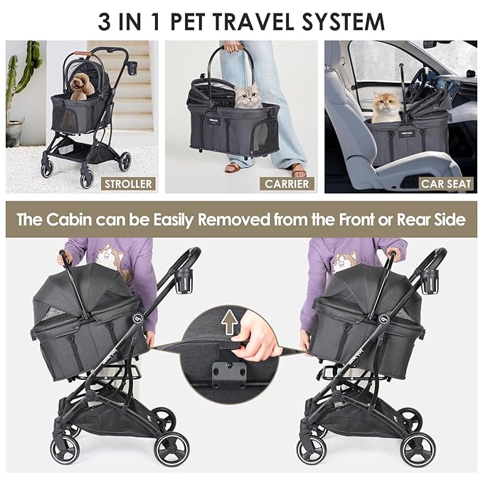 T3 Foldable Pet Stroller for Small Dogs &amp; Cats – 3-in-1 Lightweight Design, 180° Canopy &amp; Detachable Carrier (Black)
