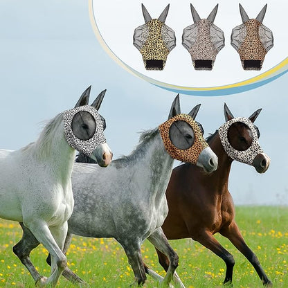 Chunful 6 Pcs Horse Fly Masks with Ears Smooth and Comfortable Cashel Mesh Fly Mask Elasticity Breathability UV Protection Horse Face Covering for Riding Supplies(Leopard,Large)