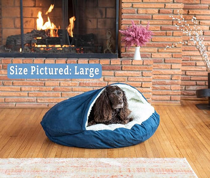 Snoozer Luxury Cozy Cave Dog Bed - Indoor Dog Bed with Cover Cave, Covered Calming Burrow for Medium &amp; Large Sized Pets with Blanket Attached, Enclosed, Washable - XL, Sapphire